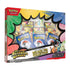 Pokemon TCG box set bright multicolor cardboard packaging with window display and printed graphics, First Partners Deluxe Pin Collection showing booster packs, cards, and pin contents against white studio background