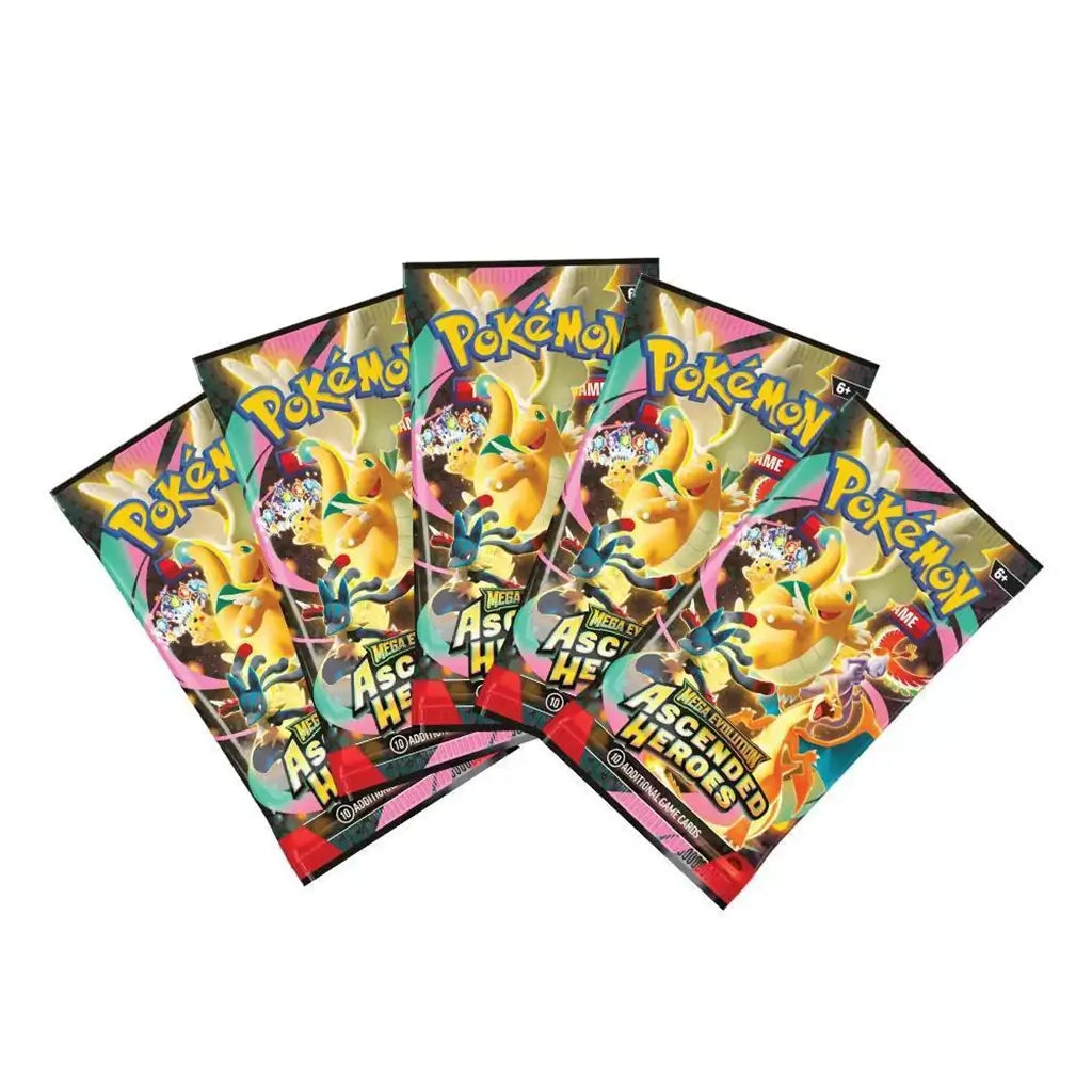 Pokemon booster packs colorful foil wrappers with shiny reflective texture and dynamic character artwork, Mega Evolutions Ascended Heroes packs arranged in fan shape on plain white background