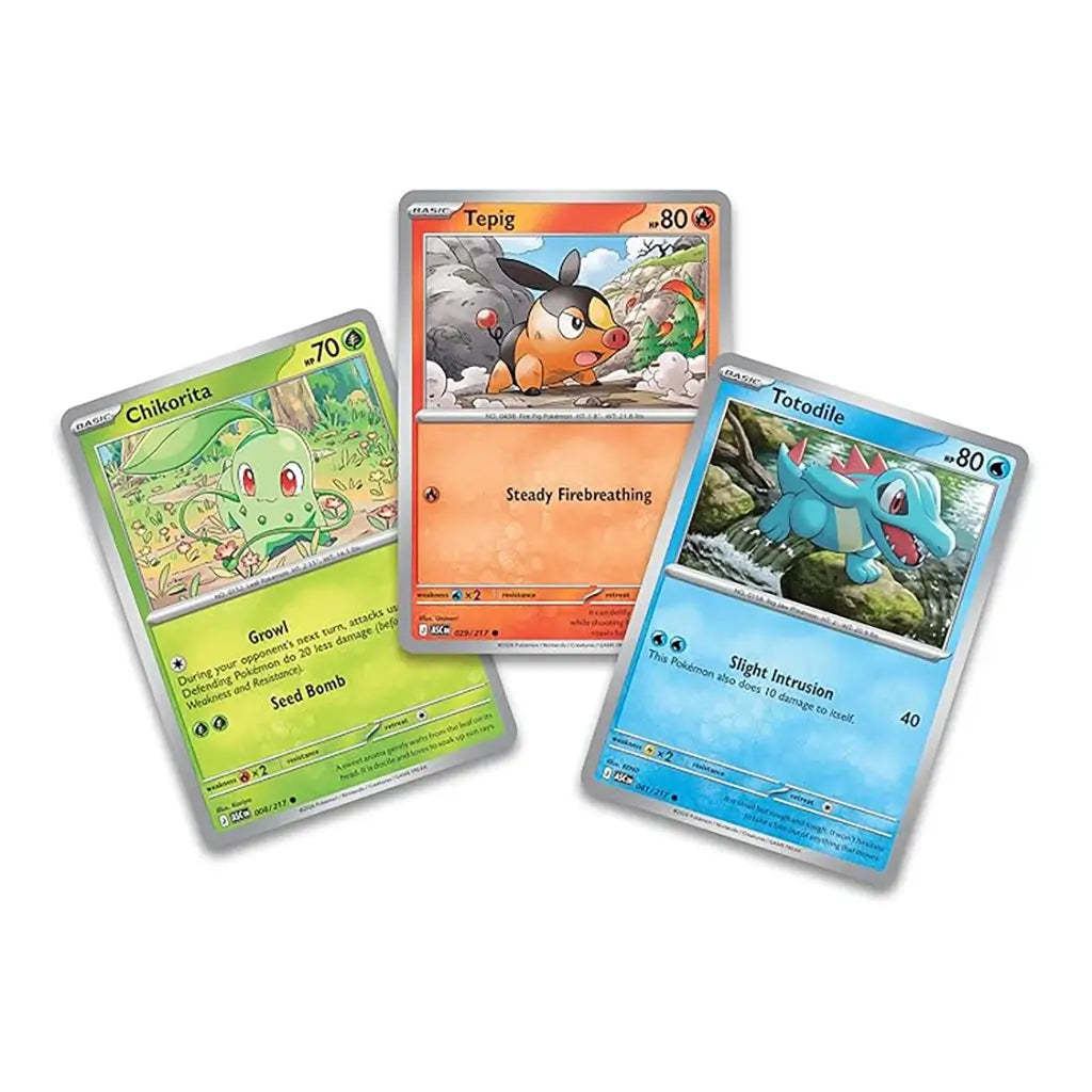 Pokemon promo cards green orange and blue printed cardstock with illustrated characters and stats, featuring Chikorita Tepig and Totodile arranged in slight fan layout on plain white background