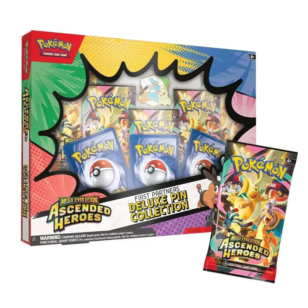 Pokemon trading card box colorful cardboard packaging with glossy finish and bold comic burst frame, Deluxe Pin Collection featuring booster packs, promo cards, and enamel pin, displayed on clean white background