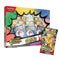 Pokemon trading card box colorful cardboard packaging with glossy finish and bold comic burst frame, Deluxe Pin Collection featuring booster packs, promo cards, and enamel pin, displayed on clean white background