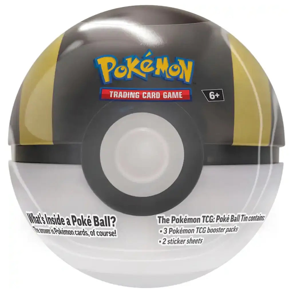 Pokémon TCG Ultra Ball Tin in black and gold colors with reflective finish and circular central button, shown close-up on a clean white background with printed details.