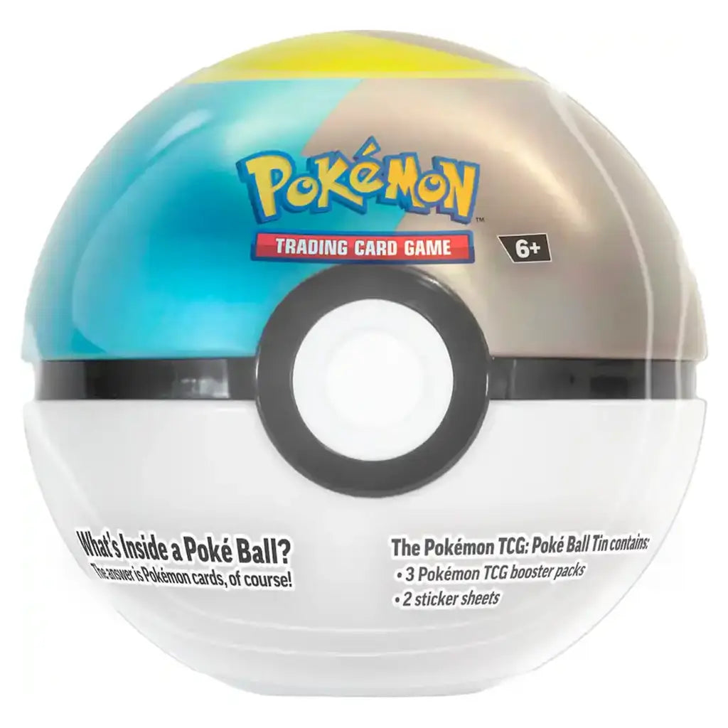 Pokémon TCG Poké Ball Tin in blue and gold color scheme with glossy texture and central button design, marketed for ages six and up, placed on white background.