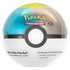 Pokémon TCG Poké Ball Tin in blue and gold color scheme with glossy texture and central button design, marketed for ages six and up, placed on white background.