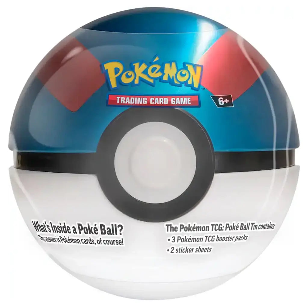 Pokemon TCG Poké Ball Tin with blue and red design, glossy plastic finish, circular shape holding 3 booster packs and 2 sticker sheets, displayed on white background.