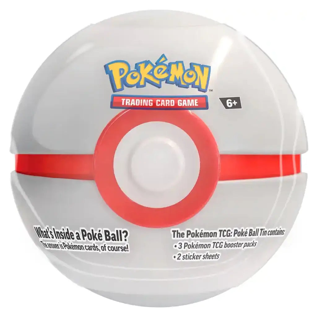 White and red Pokémon TCG Premier Ball Tin with polished surface and central button, labeled for ages six and up, designed to hold trading card booster packs and stickers.