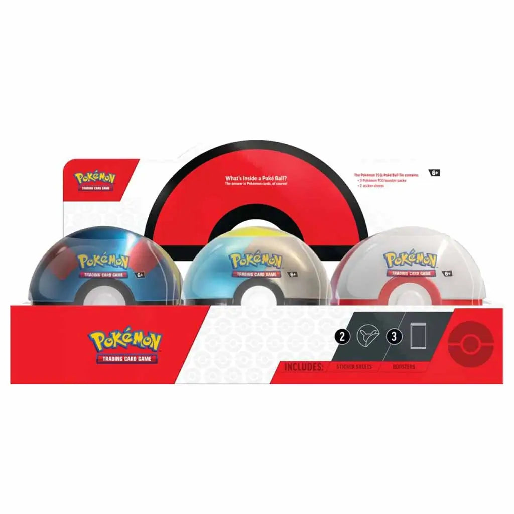 Retail packaging of Pokémon TCG Poké Ball Tin set showing three collectible Poké Balls in red, blue, and white with Pokémon logo branding and contents list printed on box.