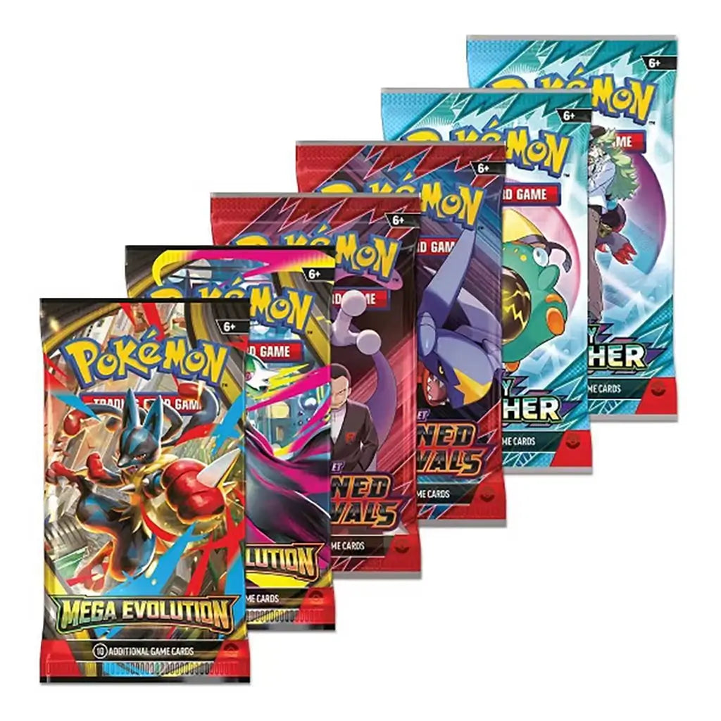 Pokémon TCG booster packs displayed in a fan arrangement, featuring colorful foil wrappers with assorted Pokémon artwork, sealed glossy material, and standard pack shape included inside the Fall 2025 Collector Chest.