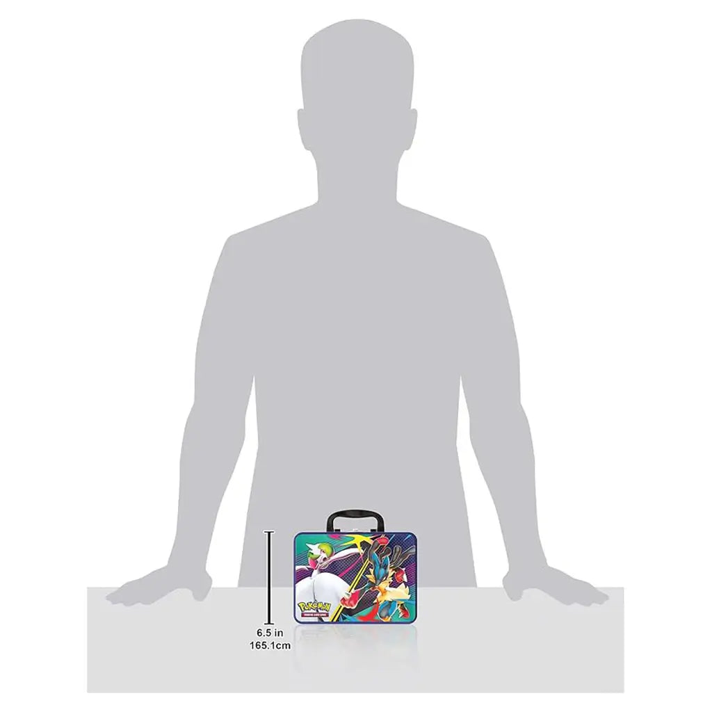 Pokémon TCG Collector Chest Fall 2025 shown next to a gray human silhouette, highlighting compact rectangular metal tin proportions, portable handle height, and overall size for easy storage and transport.