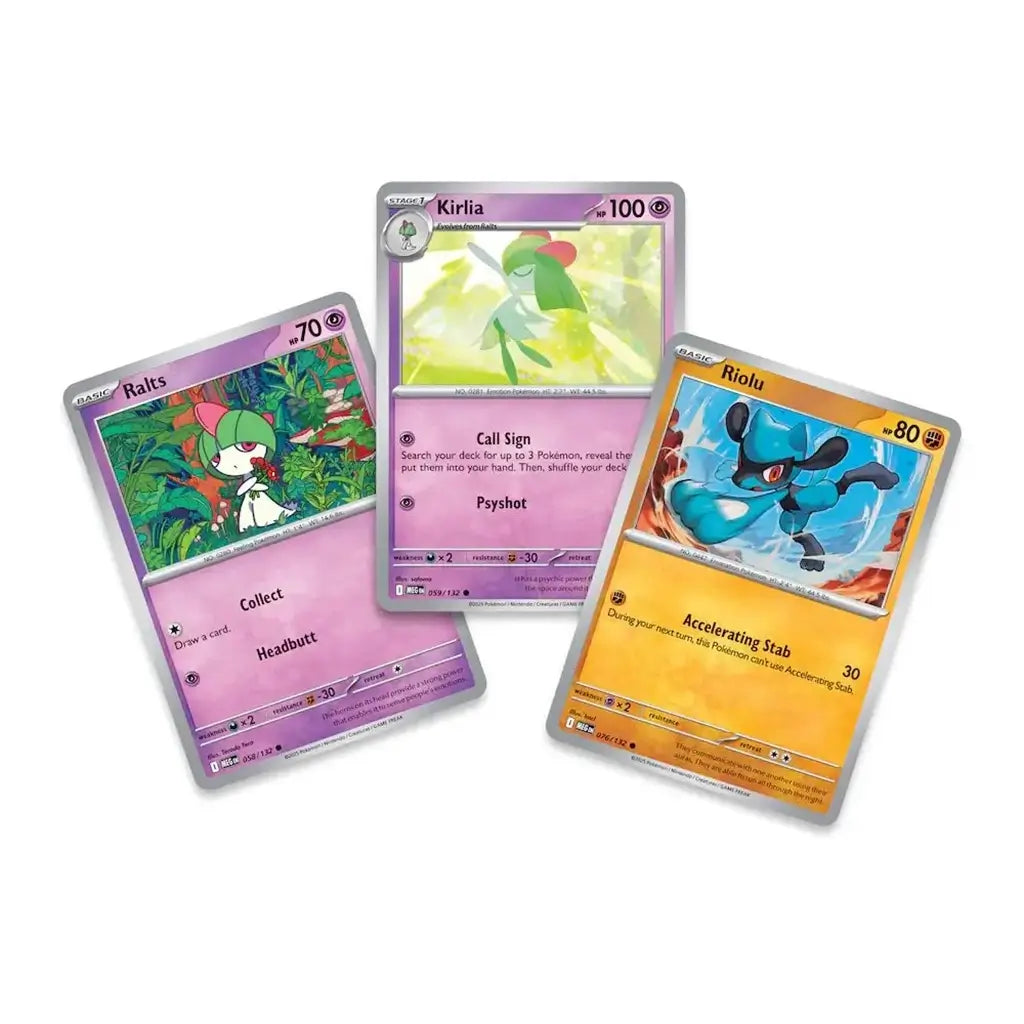 Pokémon TCG foil promo cards featuring Ralts, Kirlia, and Riolu, shown on a white background with glossy surfaces, vivid colors, and standard card layout included as collectibles in the Fall 2025 chest.
