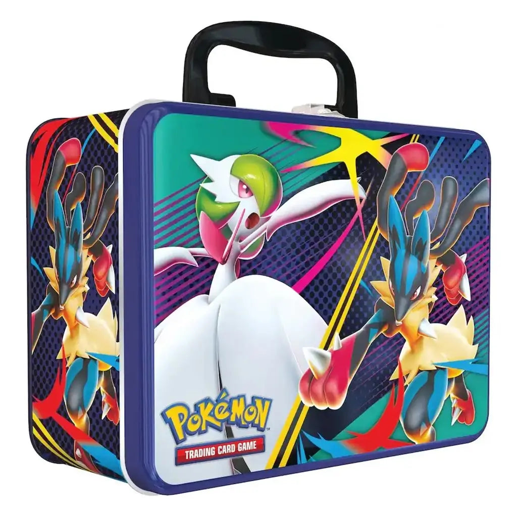 Pokémon TCG Collector Chest Fall 2025 shown at an angled perspective, revealing blue metal construction, rounded corners, black handle, and wraparound Lucario and Gardevoir artwork for durable collectible storage.