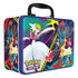Pokémon TCG Collector Chest Fall 2025 shown at an angled perspective, revealing blue metal construction, rounded corners, black handle, and wraparound Lucario and Gardevoir artwork for durable collectible storage.
