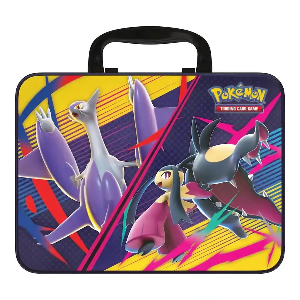 Back view of the Pokémon TCG Collector Chest Fall 2025, showing dark blue metal surface with Pokémon Trading Card Game logo, character artwork, and printed product details describing included contents.