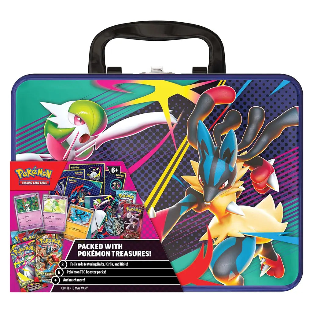 Pokémon TCG Collector Chest Fall 2025 in a blue metal lunchbox-style tin with glossy finish, black plastic handle, and bold Lucario and Gardevoir artwork, designed to store trading cards and accessories securely.