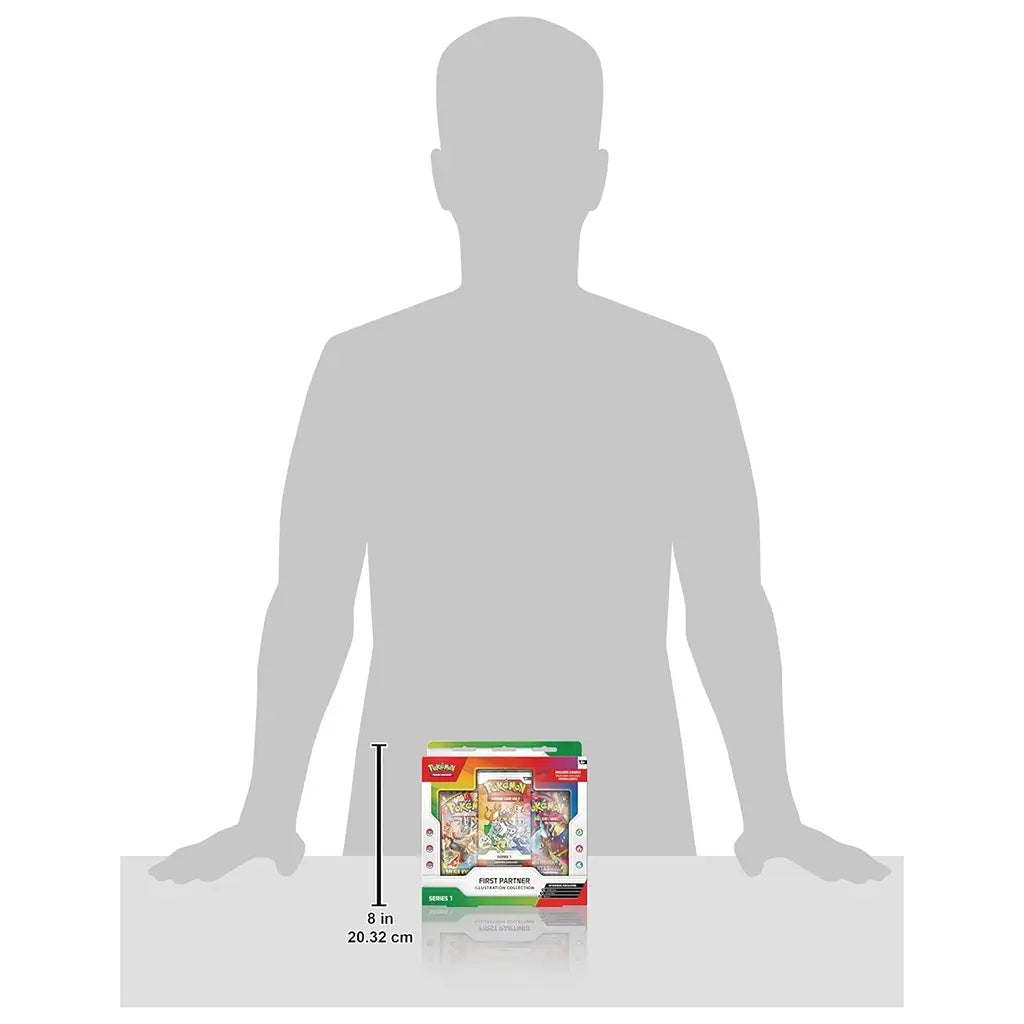 Pokemon TCG First Partner Collection box in green, red, and white cardboard with clear plastic window, compact rectangular form shown with size scale, designed for card storage and display, placed against a white background with silhouette