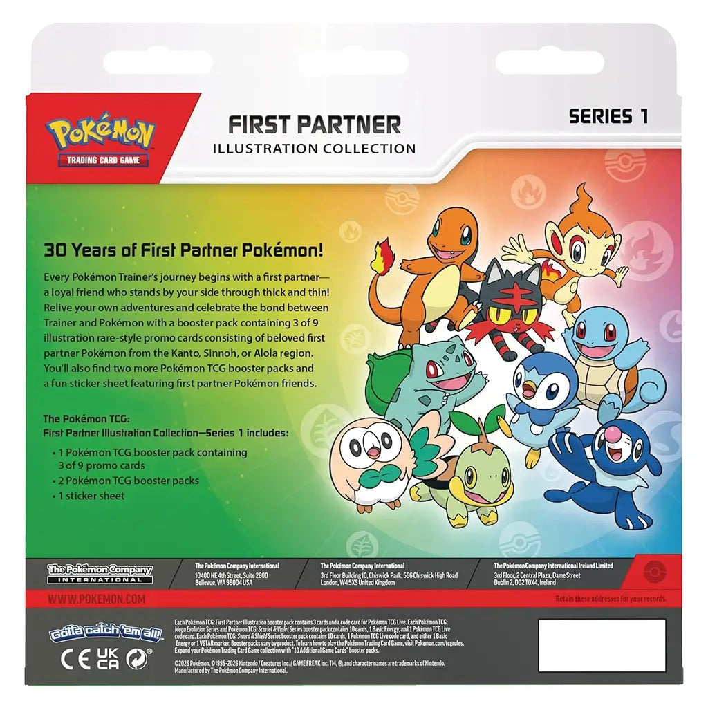 Pokemon TCG First Partner Collection package back in multicolor gradient cardboard, flat rectangular panel with character illustrations and detailed product text, designed for information display, shown on a neutral studio background