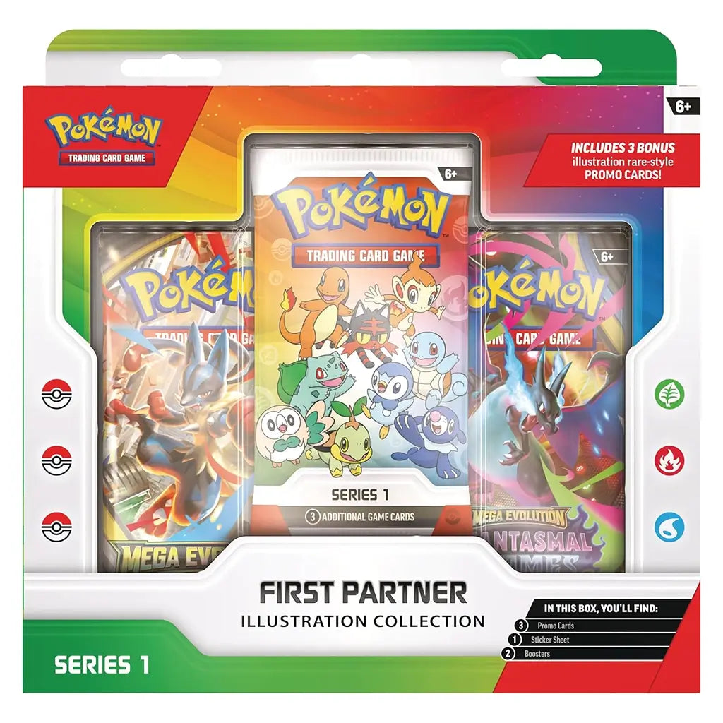 Pokemon TCG First Partner Collection box in green, red, and white glossy cardboard with molded plastic window, rectangular retail package displaying starter character cards and booster packs, set against a clean white background