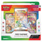 Pokemon TCG First Partner Collection box in green, red, and white glossy cardboard with molded plastic window, rectangular retail package displaying starter character cards and booster packs, set against a clean white background