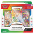 Pokemon TCG First Partner Collection box in green, red, and white glossy cardboard with molded plastic window, rectangular retail package displaying starter character cards and booster packs, set against a clean white background