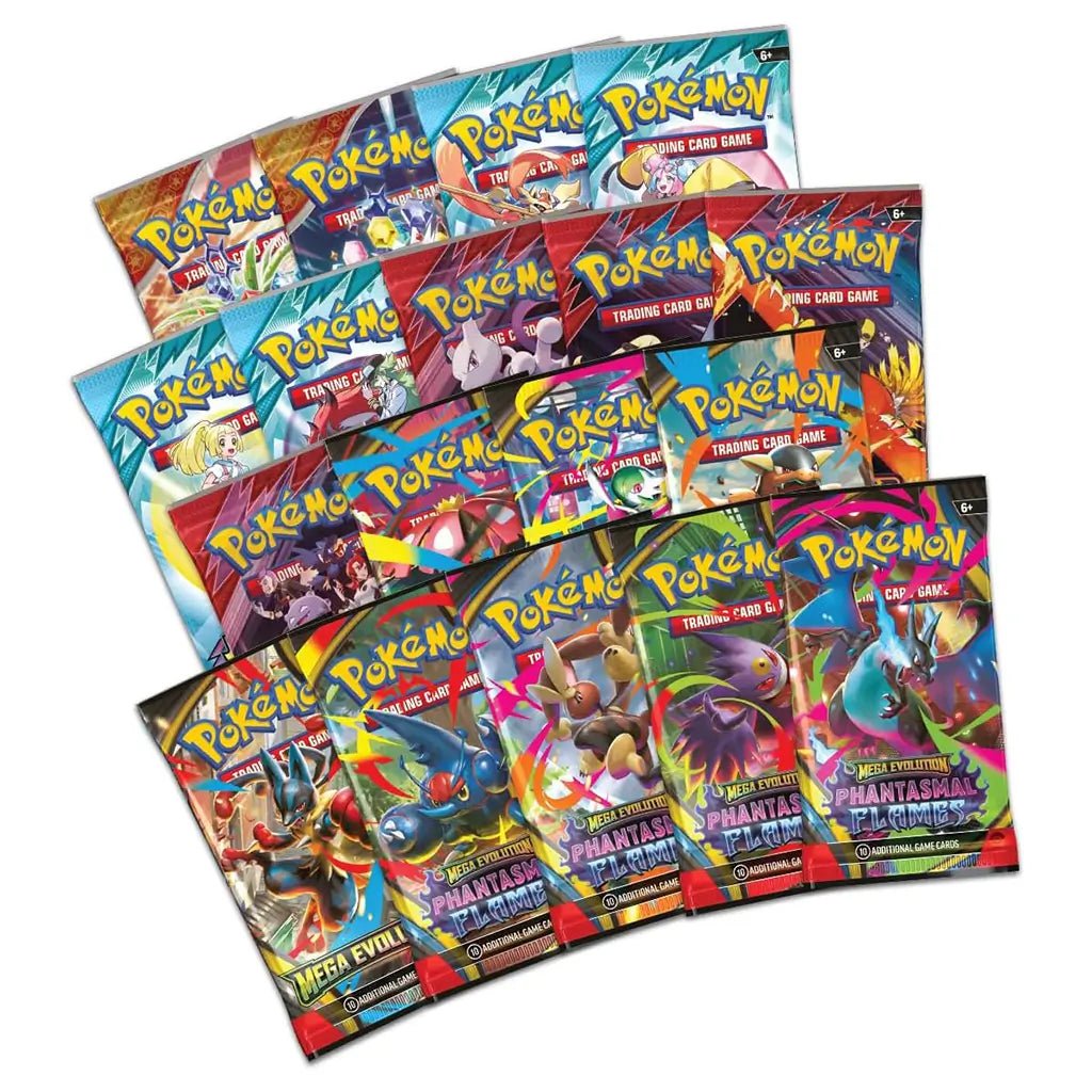 Pokémon TCG booster pack assortment features vibrant Mega Evolution and Phantasmal Flames artwork fanned out in overlapping rows, showcasing varied foil wrappers set against a clean white backdrop.
