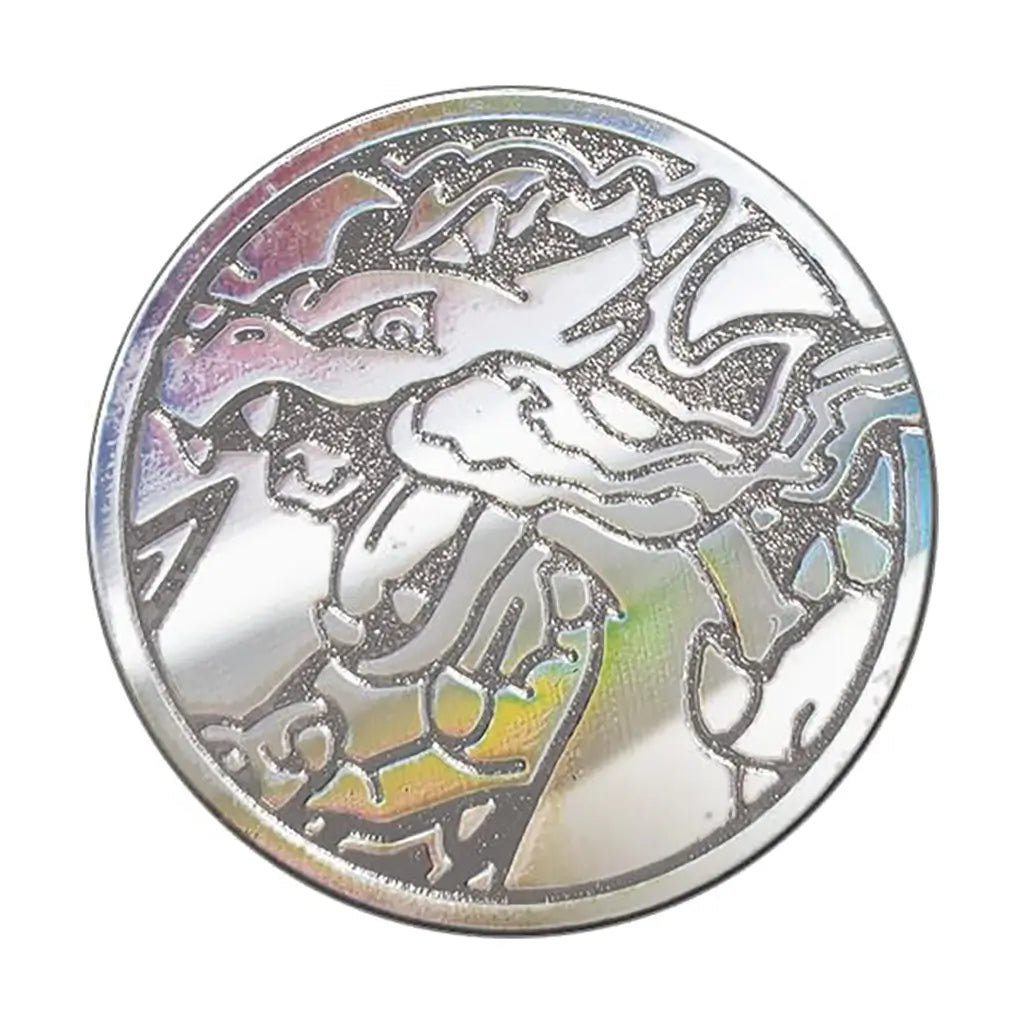 Pokémon TCG metal coin displays a reflective embossed Mega Charizard X design with shimmering iridescent finish and textured detailing photographed close-up on a plain white background.