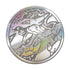 Pokémon TCG metal coin displays a reflective embossed Mega Charizard X design with shimmering iridescent finish and textured detailing photographed close-up on a plain white background.