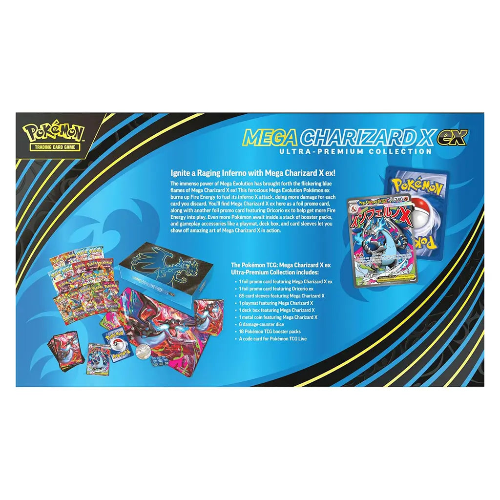 Pokémon TCG Mega Charizard X ex Ultra-Premium Collection back panel presents product contents, expansion details and promotional artwork printed across a blue gradient layout against a studio backdrop.