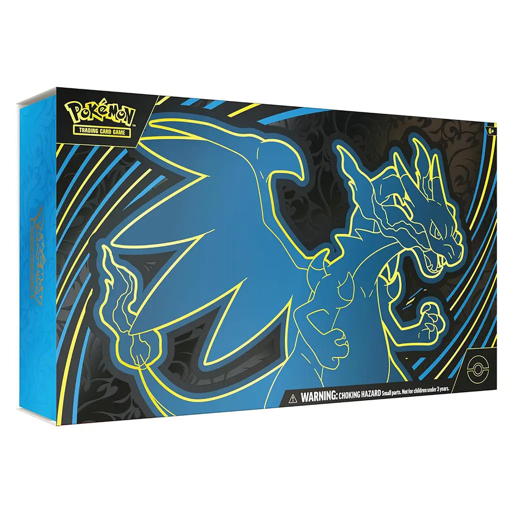 Pokémon TCG Mega Charizard X ex Ultra-Premium Collection front packaging shows bold blue and black line-art Charizard design with dynamic streak patterns printed on a large rectangular collector’s box.