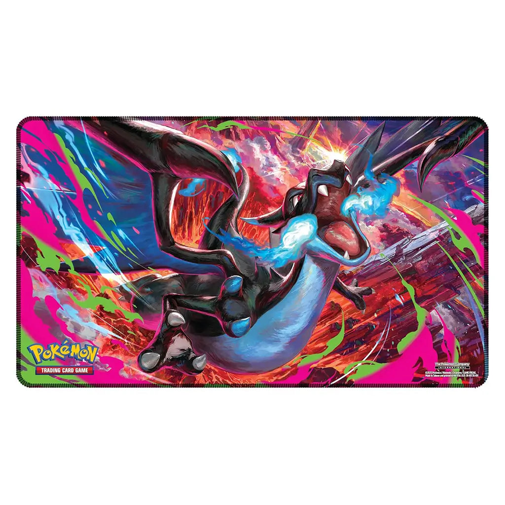 Pokémon TCG playmat features dramatic Mega Charizard X artwork with swirling neon colors, fiery background textures and bold character illustration displayed flat on a white studio surface.