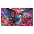 Pokémon TCG playmat features dramatic Mega Charizard X artwork with swirling neon colors, fiery background textures and bold character illustration displayed flat on a white studio surface.