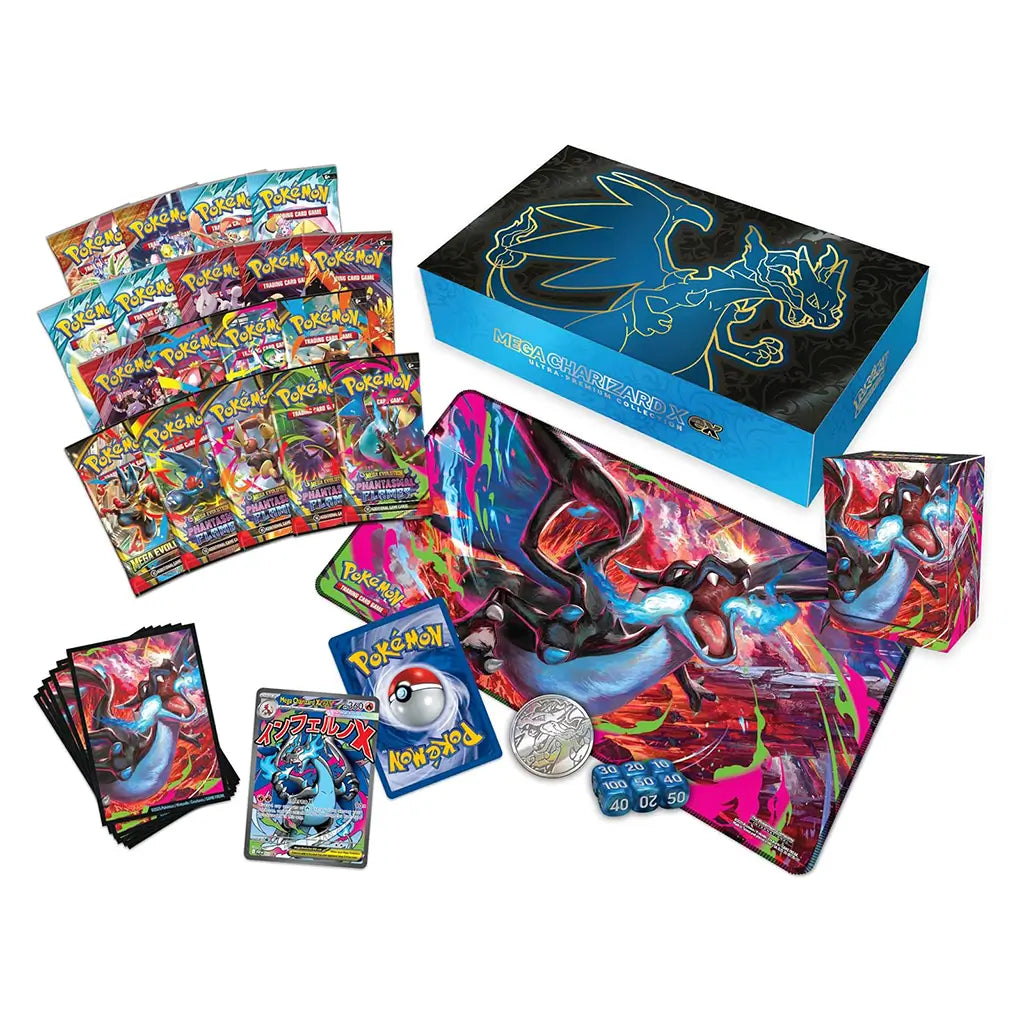 Pokémon TCG Mega Charizard X ex Ultra-Premium Collection layout shows colorful booster packs, radiant playmat, deck sleeves, promo cards, metal coin and storage box arranged on a bright studio background.