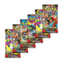 Pokémon TCG Mega Evolution booster pack lineup displays six foil packs with bright character illustrations arranged in a staggered fan shape on a plain white backdrop for collectors.