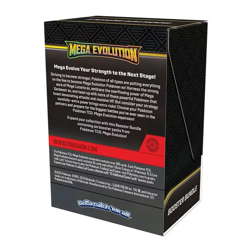 Pokémon TCG Mega Evolution booster bundle back panel features expansion story text, branding logos and product details printed over a black geometric background shot upright against a neutral surface.