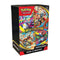 Pokémon TCG Mega Evolution booster bundle box shows vivid character artwork in four colorful panels with bold branding printed on a black patterned package photographed against a clean studio background.