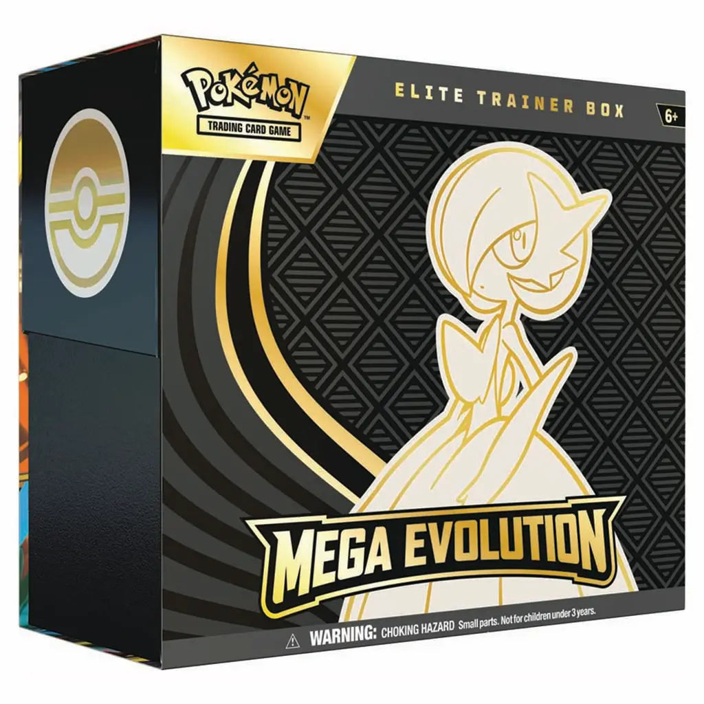 Pokemon Mega Evolution Elite Trainer Box shown in black-and-gold textured packaging featuring a gold line-art Gardevoir design, curved accent stripes, and bold branding against a patterned background.