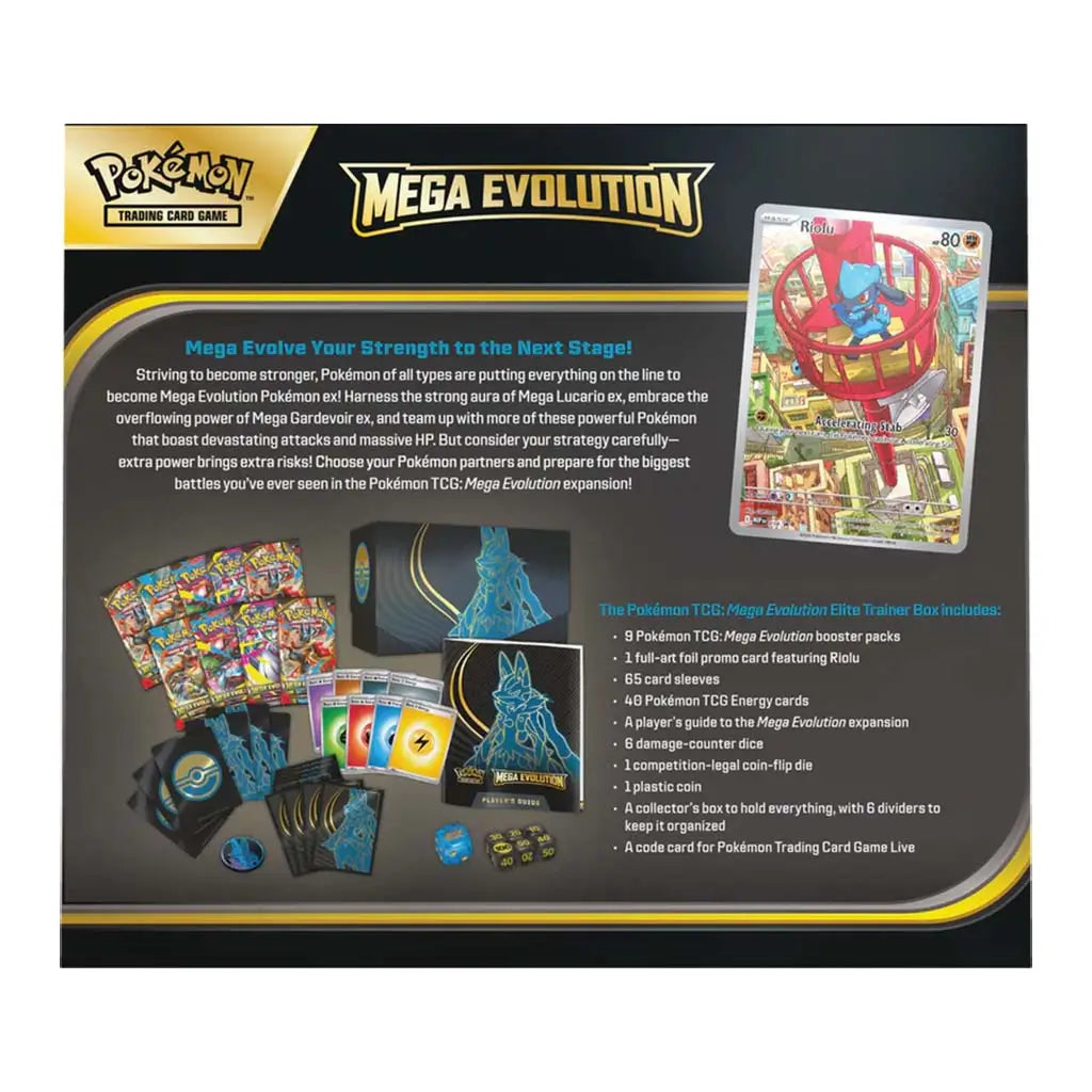 Pokemon Mega Evolution Elite Trainer Box package back with multicolored contents layout, promo Riolu card, feature list, and gold-and-black branding set against a light background for easy reading.