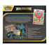 Pokemon Mega Evolution Elite Trainer Box package back with multicolored contents layout, promo Riolu card, feature list, and gold-and-black branding set against a light background for easy reading.
