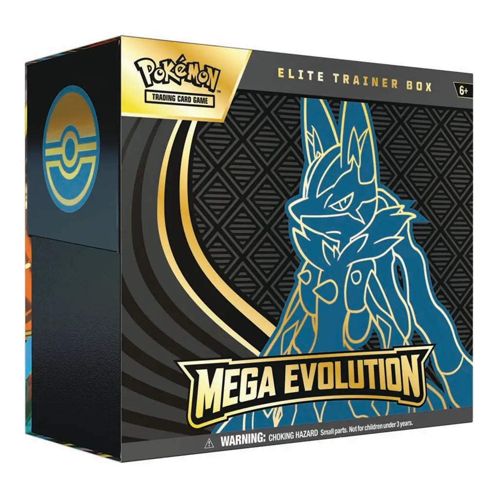 Pokemon Mega Evolution Elite Trainer Box in black-and-gold packaging featuring a bold blue line-art Lucario design, circular emblem, and geometric patterned backdrop highlighting the Mega Evolution theme.