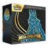 Pokemon Mega Evolution Elite Trainer Box in black-and-gold packaging featuring a bold blue line-art Lucario design, circular emblem, and geometric patterned backdrop highlighting the Mega Evolution theme.