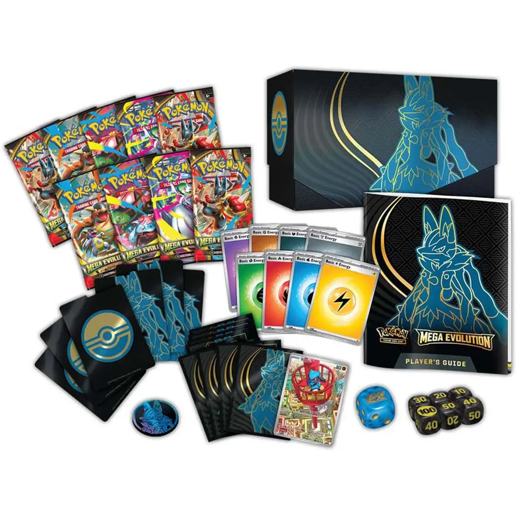 Pokemon Mega Evolution Elite Trainer Box set displayed with colorful booster packs, glossy card sleeves, energy cards, dice, and a black-and-gold Lucario-themed storage box on a white backdrop.