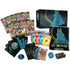 Pokemon Mega Evolution Elite Trainer Box set displayed with colorful booster packs, glossy card sleeves, energy cards, dice, and a black-and-gold Lucario-themed storage box on a white backdrop.