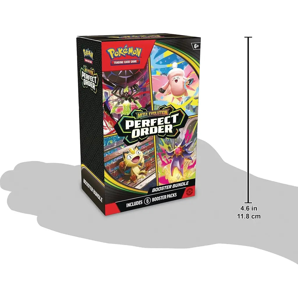 Pokemon TCG booster bundle box in black and red glossy cardboard, vertical rectangular shape with vivid character graphics and measurement scale, designed for card packs, displayed on a white background with size reference
