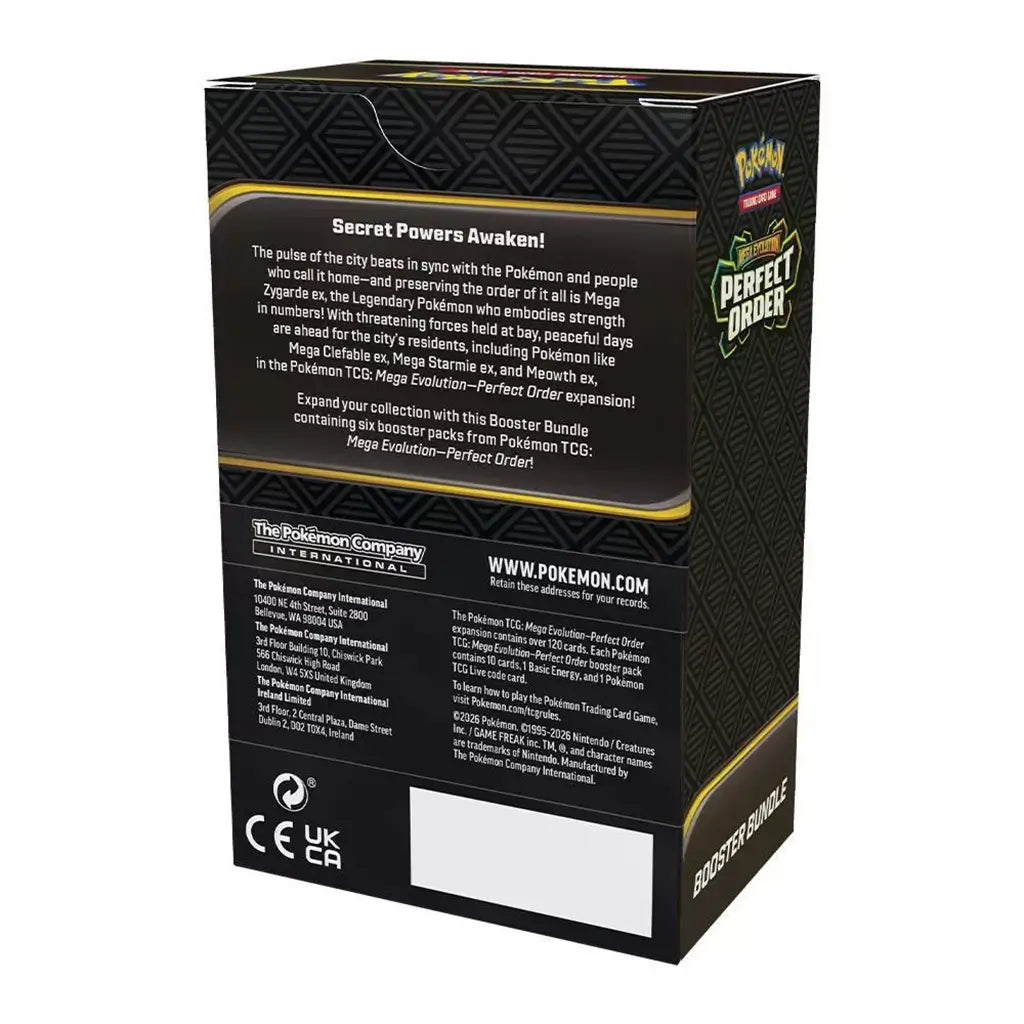 Pokemon TCG booster bundle packaging back in black textured cardboard, upright rectangular box with white product text and branding details, designed for information display and storage, shown on a neutral studio background