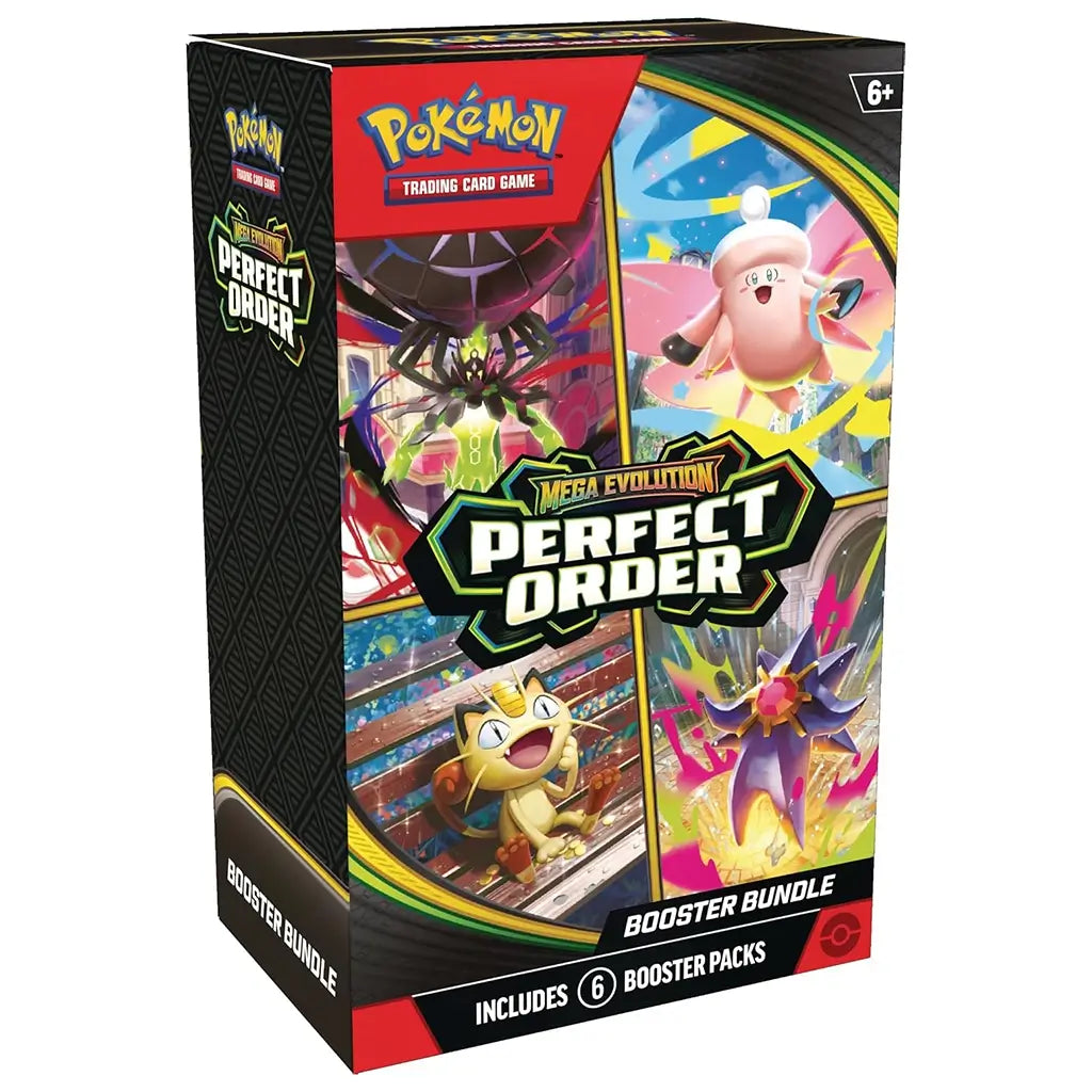 Pokemon TCG booster bundle box in black and red glossy cardboard, tall rectangular form with bold edges, featuring colorful character artwork panels, designed for trading card storage and play, on a clean white studio background