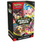 Pokemon TCG booster bundle box in black and red glossy cardboard, tall rectangular form with bold edges, featuring colorful character artwork panels, designed for trading card storage and play, on a clean white studio background