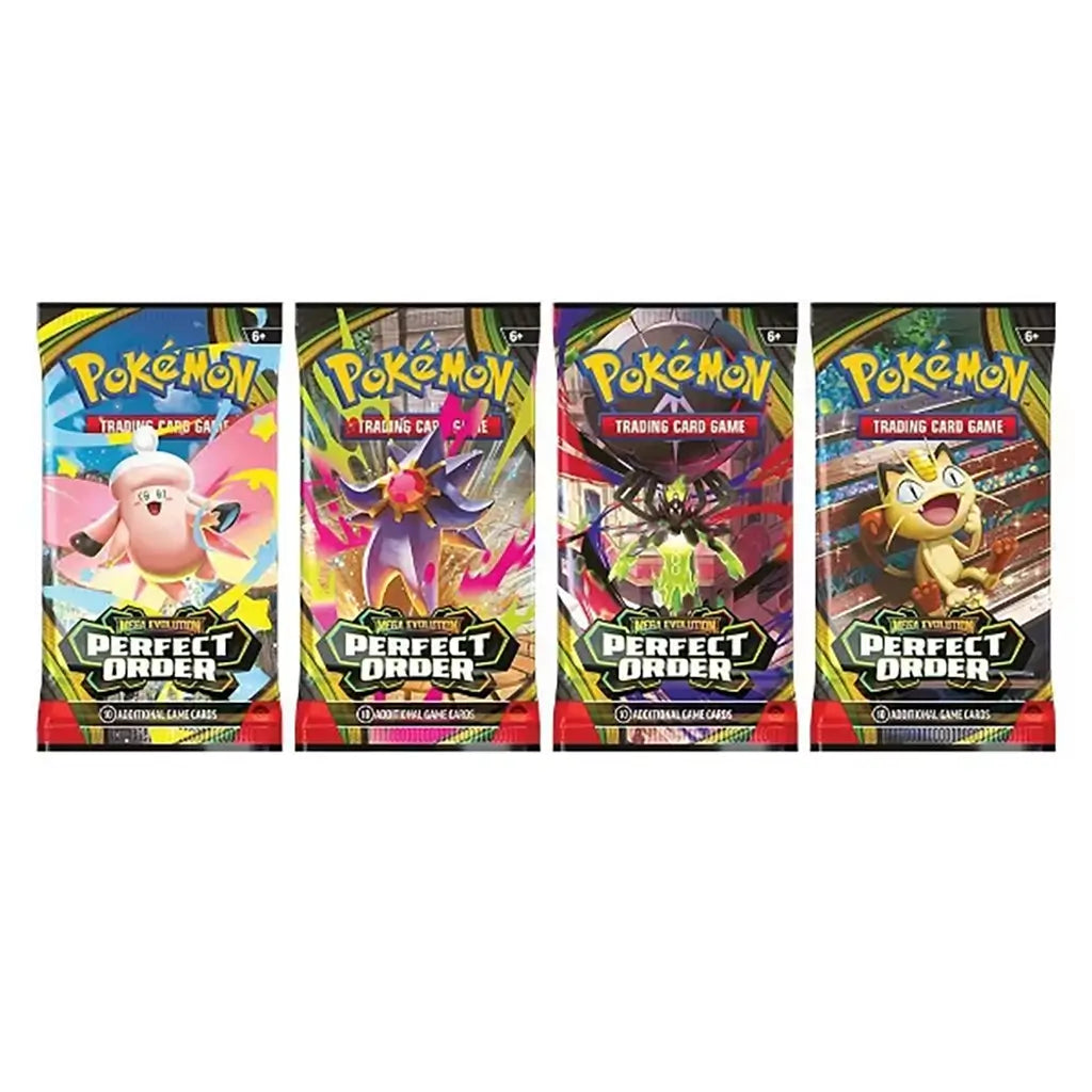 Pokemon TCG booster packs in multicolor glossy foil wrappers, slim rectangular packets featuring vivid character artwork, designed for trading card gameplay and collecting, arranged in a row on a clean white background
