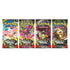 Pokemon TCG booster packs in multicolor glossy foil wrappers, slim rectangular packets featuring vivid character artwork, designed for trading card gameplay and collecting, arranged in a row on a clean white background