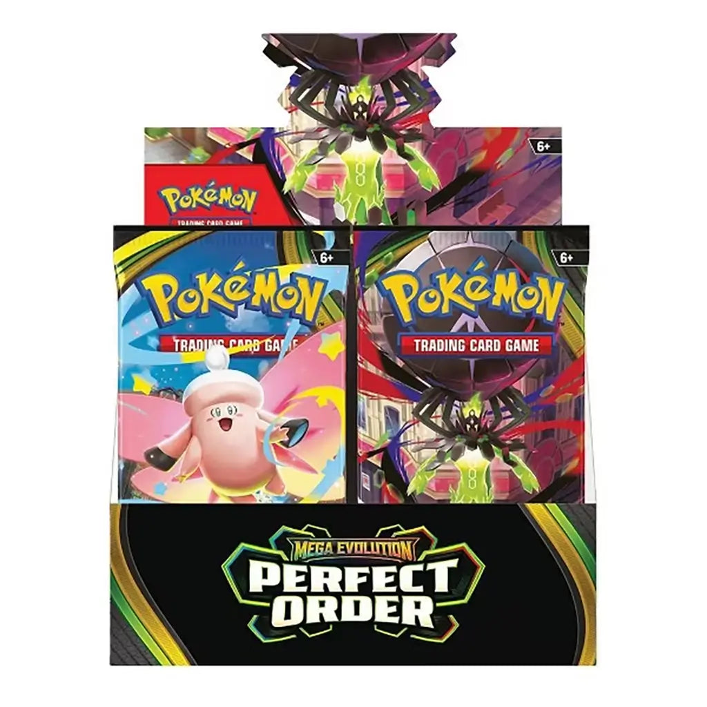 Pokemon TCG booster display box in black and red cardboard with glossy finish, open rectangular counter display showing branded pack fronts, designed for retail presentation and storage, set against a white studio background