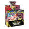 Pokemon TCG booster display box in black textured cardboard with glossy panels, open rectangular case filled with colorful foil packs, designed for organized card storage and retail display, on a bright white background