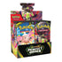 Pokemon TCG booster display box in black textured cardboard with glossy panels, open rectangular case filled with colorful foil packs, designed for organized card storage and retail display, on a bright white background